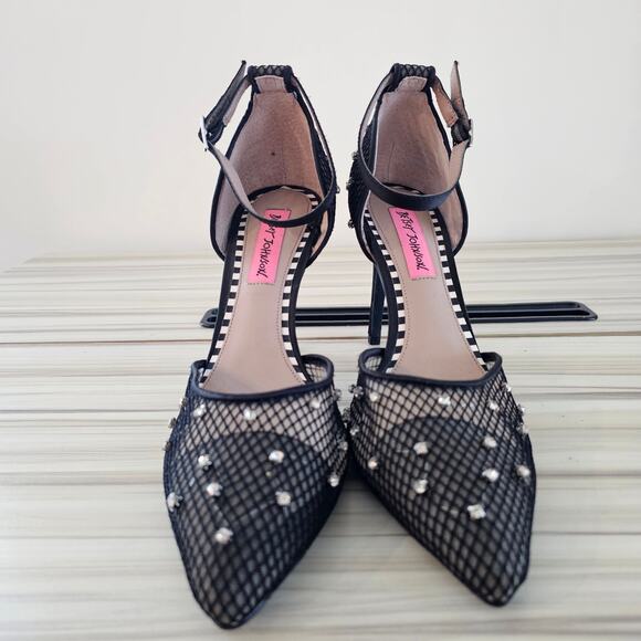 Betsey Johnson Black Mesh Ankle Straps Pointy Toe Stiletto Pumps Heels Size 8.5 - Picture 4 of 9